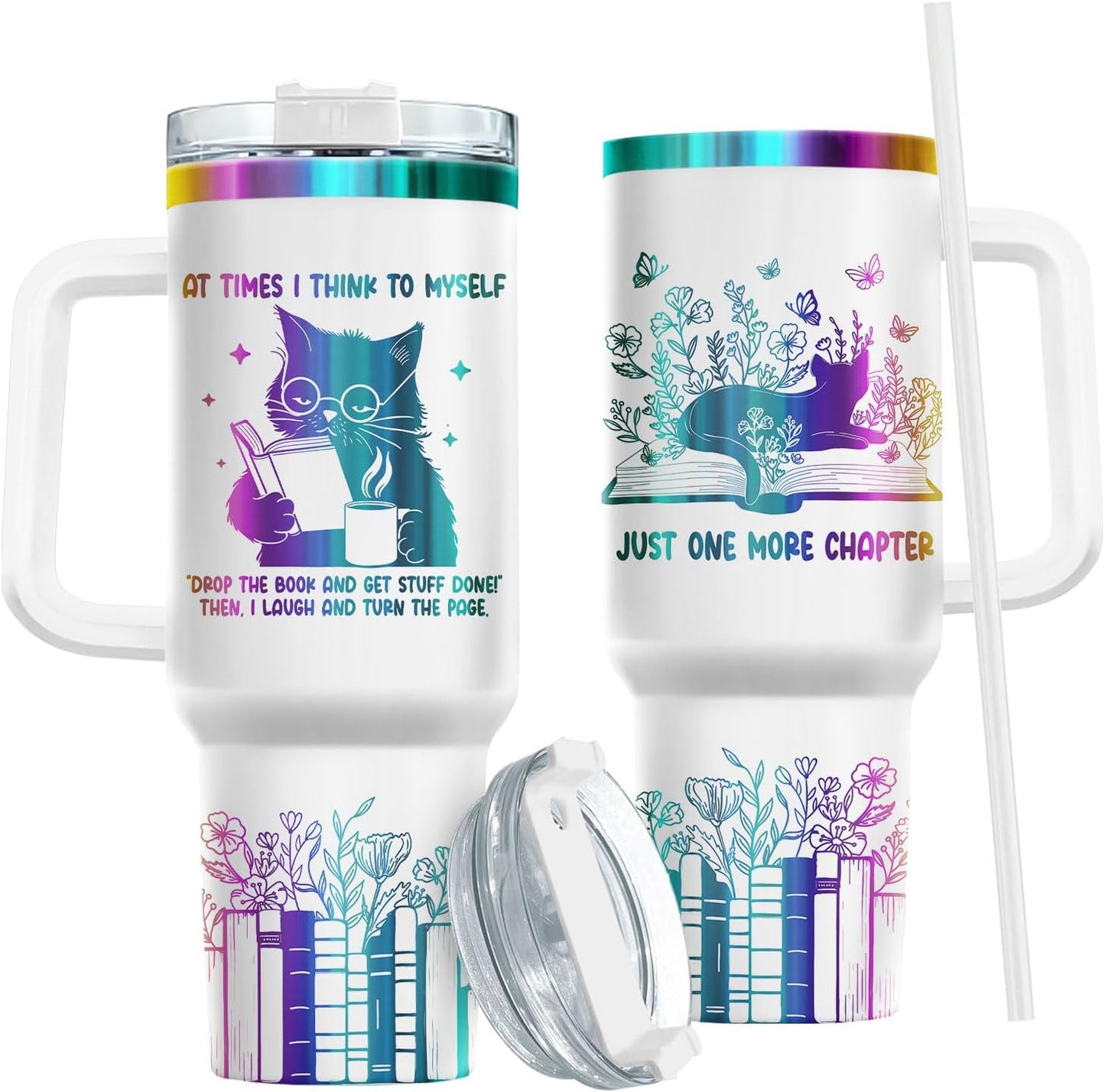 34HD Engraved Cat Mom Tumbler with Handle and Straw, 40oz Cute Gradient Book Cup Stainless Steel, Bookworm Coffee Mug, Cat and Book Birthday Gifts for Women Men Friends