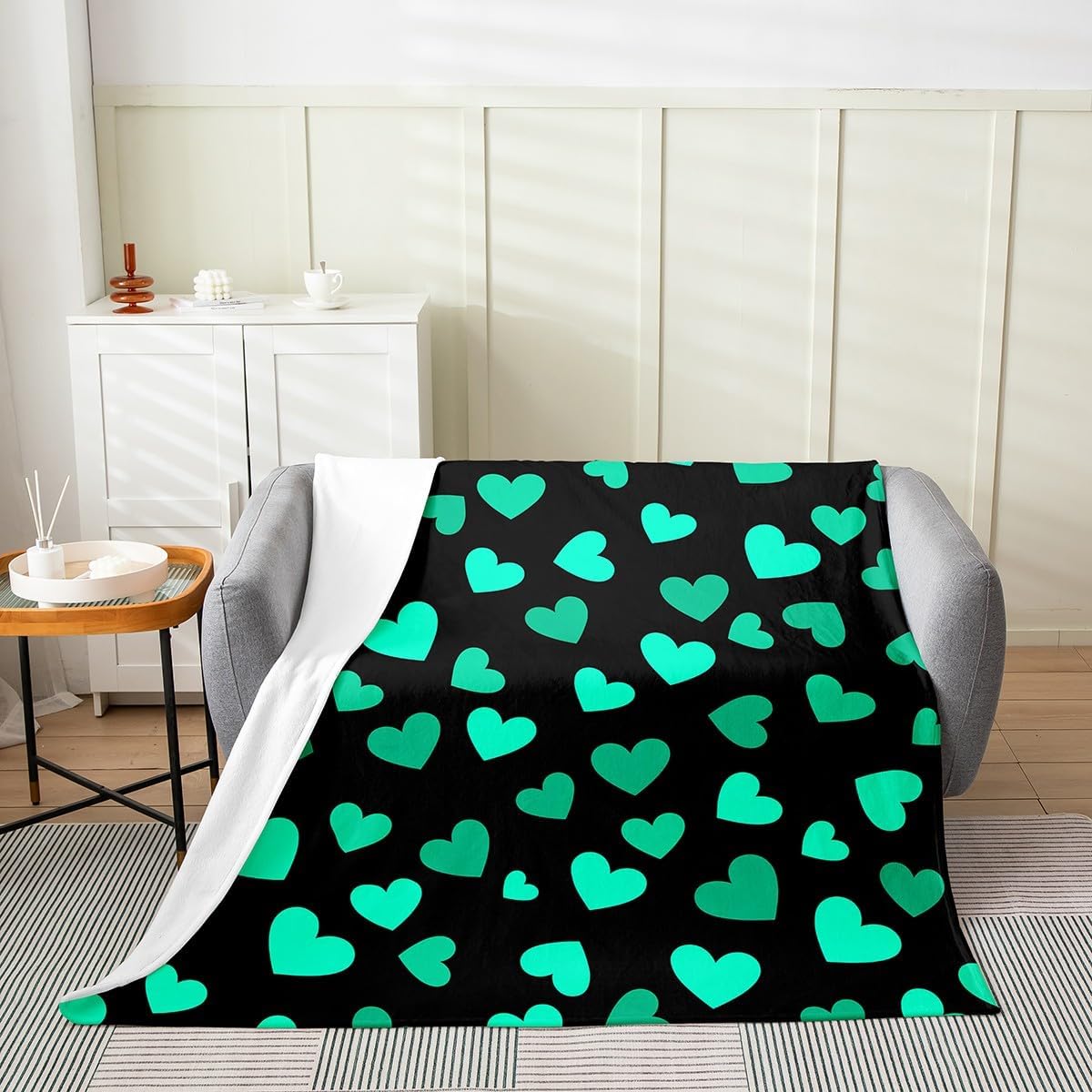 Green Hearts Throw Flannel Blanket,Romantic Valentine's Day Theme Fleece Throw Blanket for Home Decor Sofa Couch,Chic Love Hearts Fashion Green Black Fleece Blanket,40"x50"