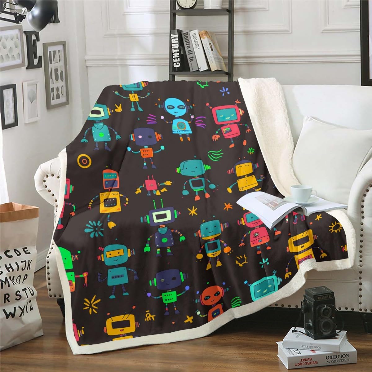 Erosebridal Kawaii Throw Blanket Cute Robots Fleece Blanket,Kids Boys Girls Watercolor Robot Blanket 50"x60" Modern Cartoon Super Robot Toddler Blanket,Colorful Kawaii Room Decor,Black