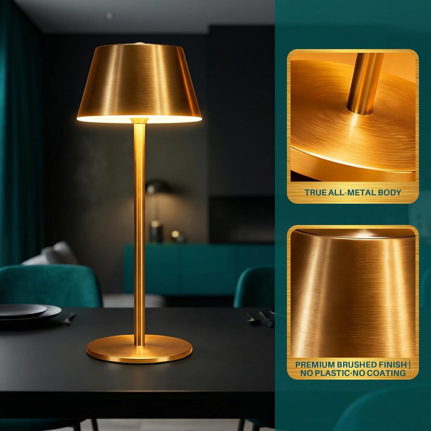 2 Pack Gold Cordless Table Lamp, All-Metal Brushed Finish Brass Cordless Table Lamp, Rechargeable with Long Battery Life, Touch Control Accent Light for Bedside, Dining Table, Living Room, Patio& Bar
