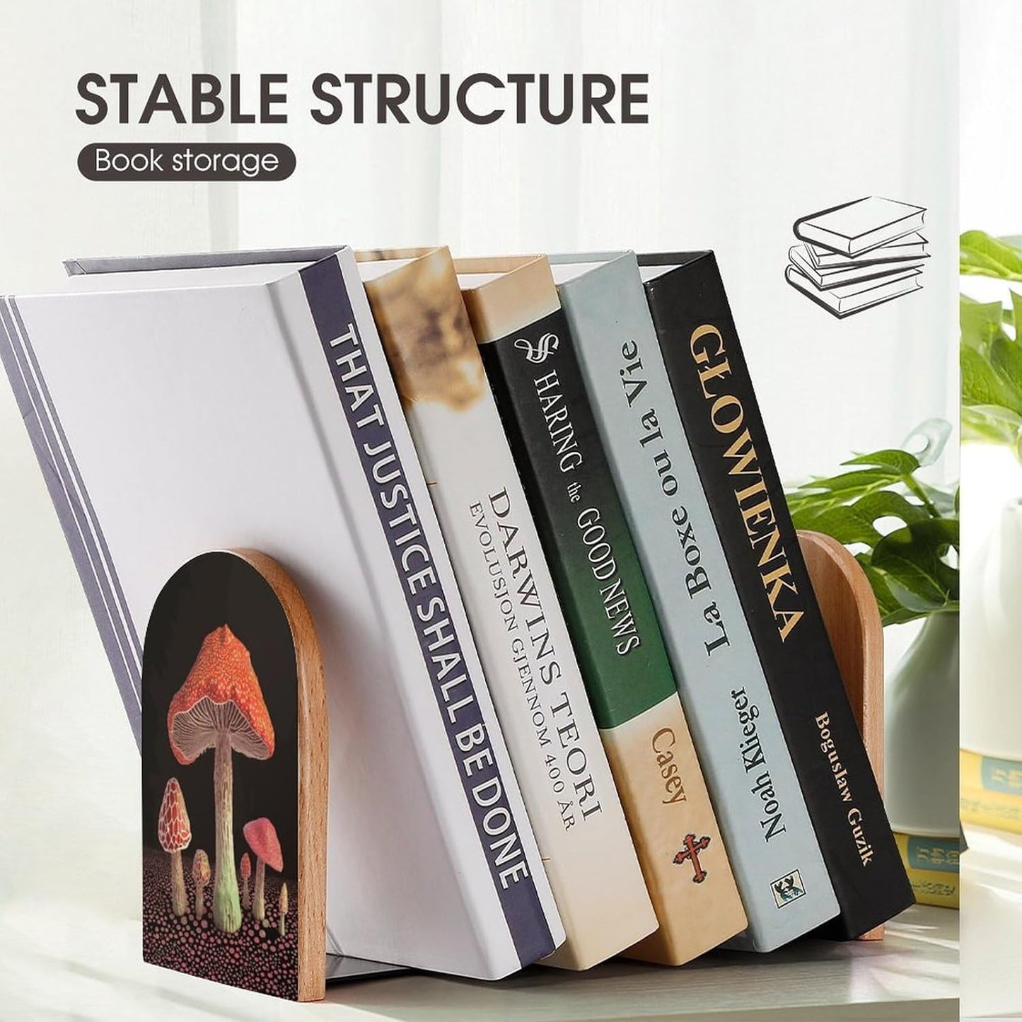 Mushroom Bookends 1 Pair Heavy Duty Book Ends for Shelves Non-Skid Bookend Supports Wooden Book Holders with Metal Base Desk Organizers Books Storage to Hold Books