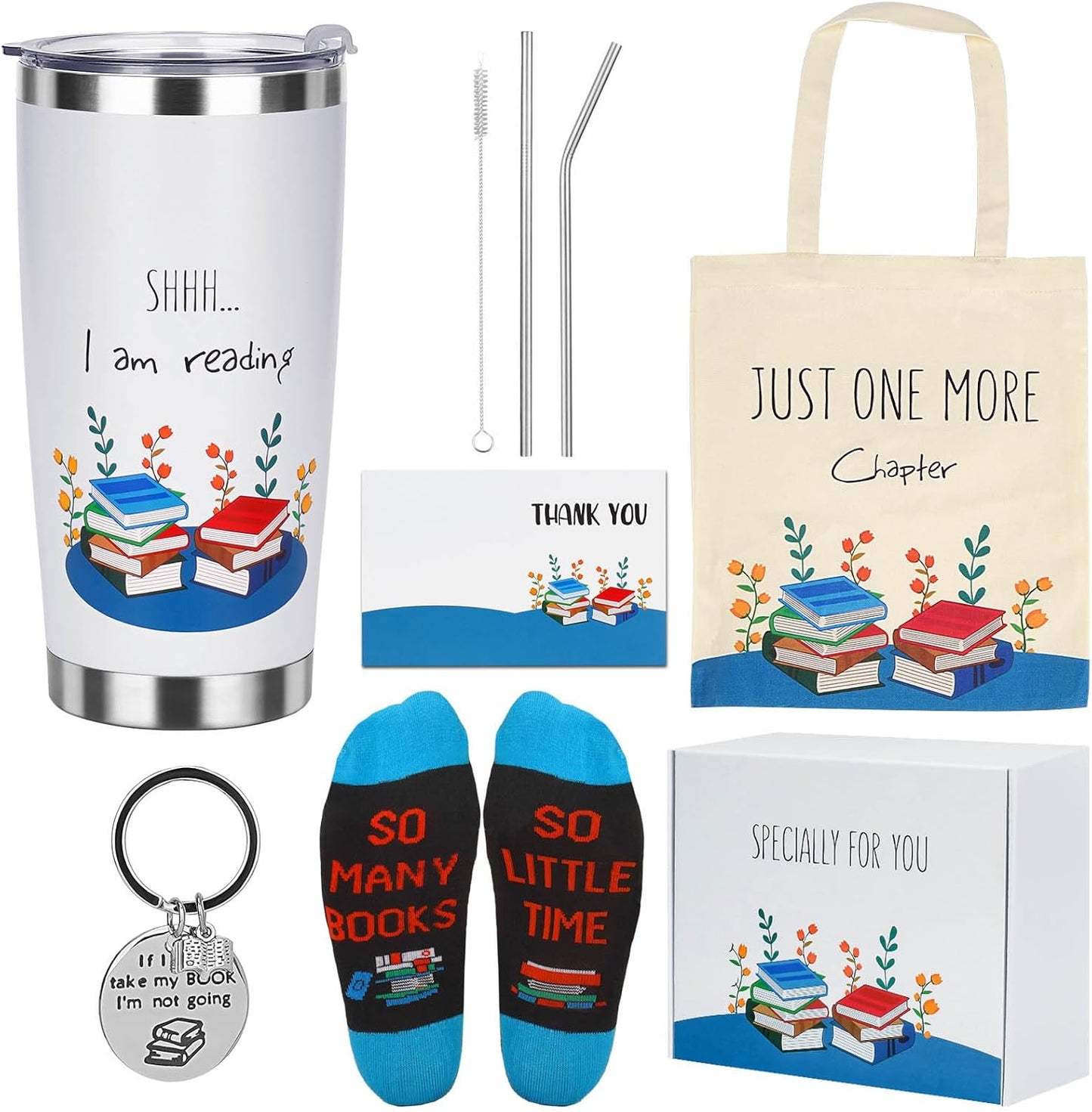 Book Lovers Gift Set, 8 PCS Readers Set With 20 oz Tumbler, Lid, Straw Brush, Canvas Tote Bag, Socks, Key Chain, Thanks Card, Gift Box - Book Accessories Reading Idea for Women Girl