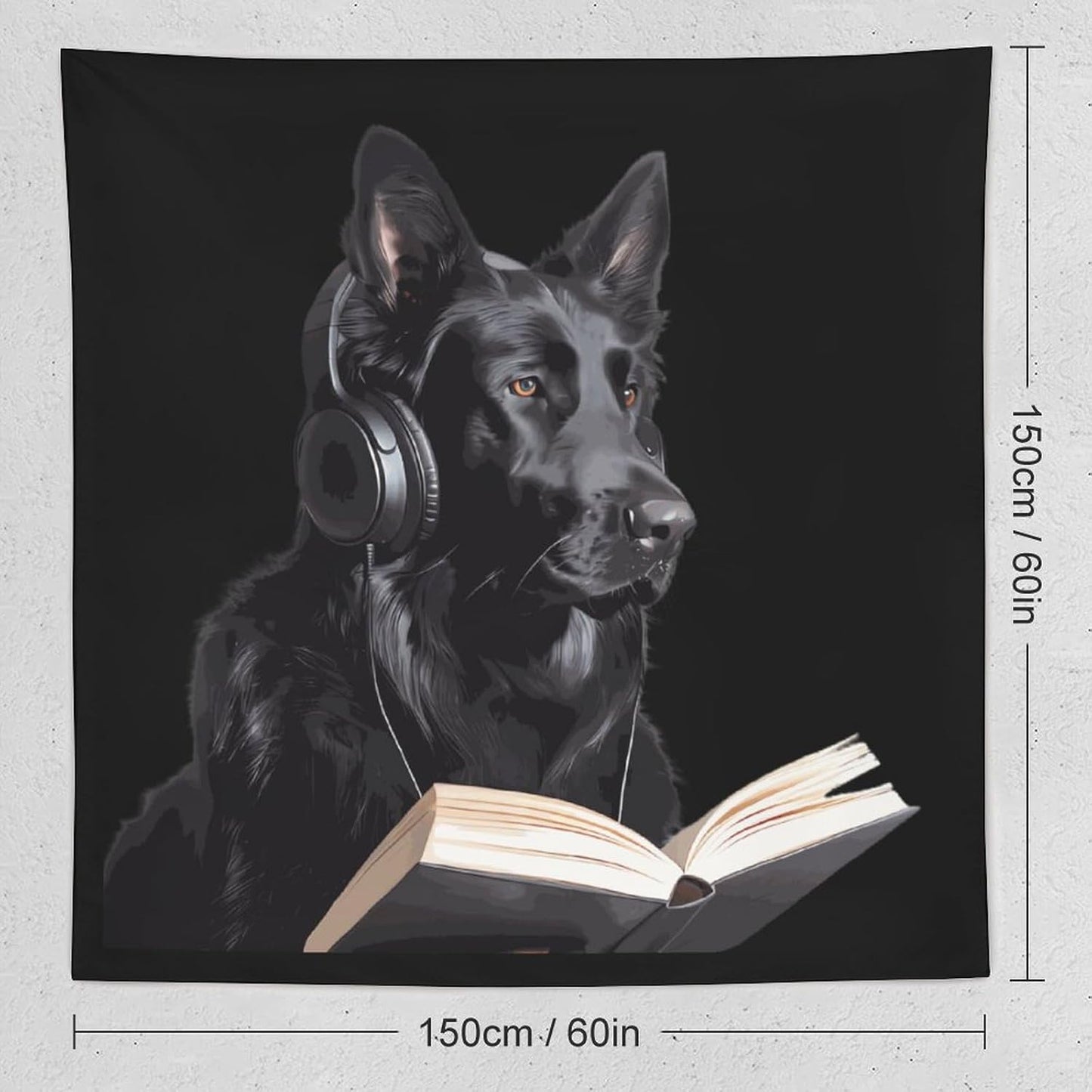 German Shepherd Wearing Headphones Reading Funny Tapestry Wall Hanging Aesthetic Blanket Room Decoration for Picnic Beach Mat