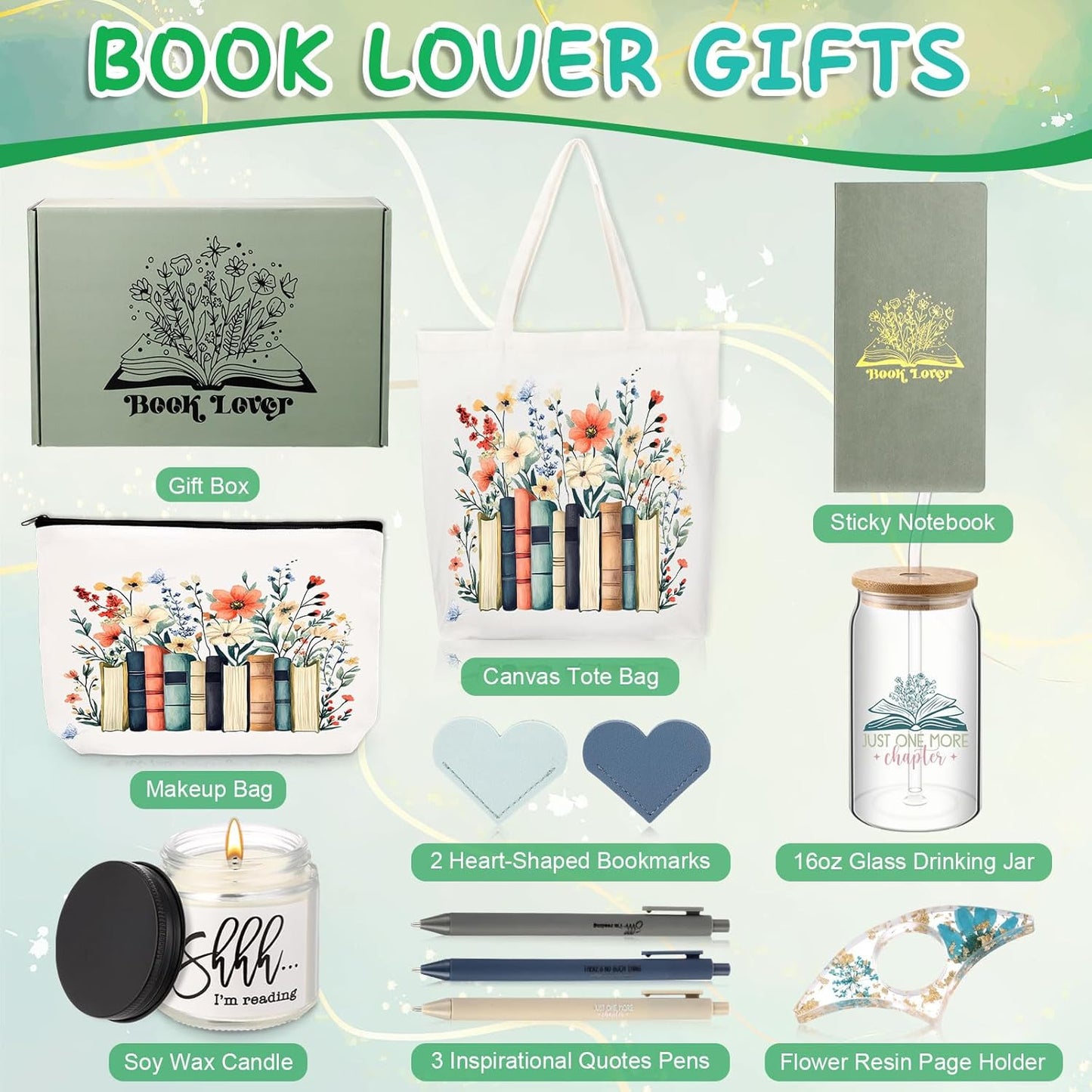 Marspark 12 Pcs Book Lovers Gift Set for Women Include Canvas Tote Glass Cup Makeup Pouch Floral Soy Candle Heart Bookmarks Page Holder Pens Sticky Notes Book Club Gift for Readers Librarians