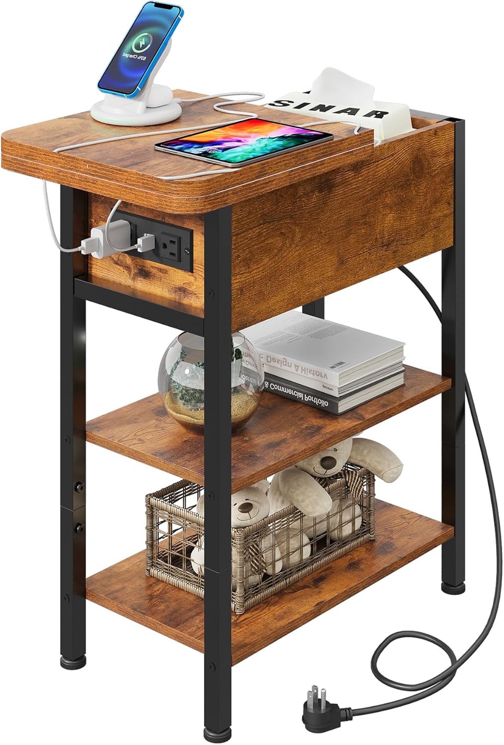 WLIVE End Table with Charging Station, Flip Top Narrow Side Table with Storage Shelf, Small Nightstand with USB Ports and Outlets,Bedside Table for Living Room, Bedroom,11.81" D x 23.62" W x 24.33" H