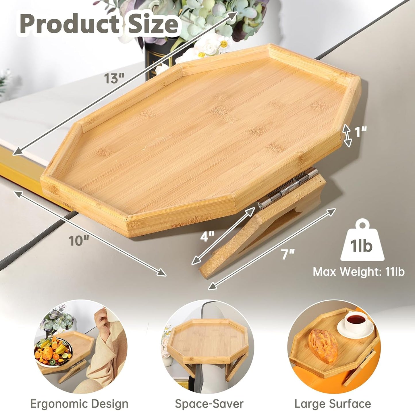 Couch Arm Tray, Bamboo Sofa Tray Table Clip on Side Table, Foldable Couch Arm Table for Eating, Drinks, Snacks, Remote, Control as Housewarmings, Wedding, Bridal Shower Gifts