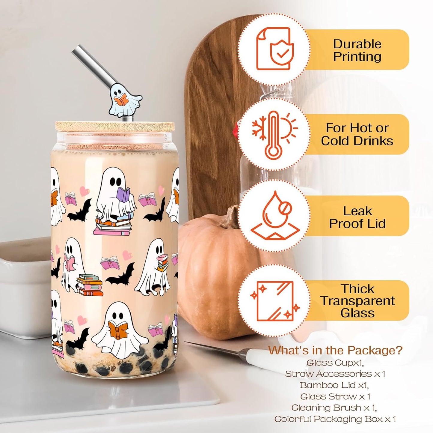 Halloween Gifts for Book Lovers Women Cute Halloween Ghost Reader Iced Coffee Cup with Lid and Straw 16oz Book Themed Bookworm Reading Gifts for Librarian Reader
