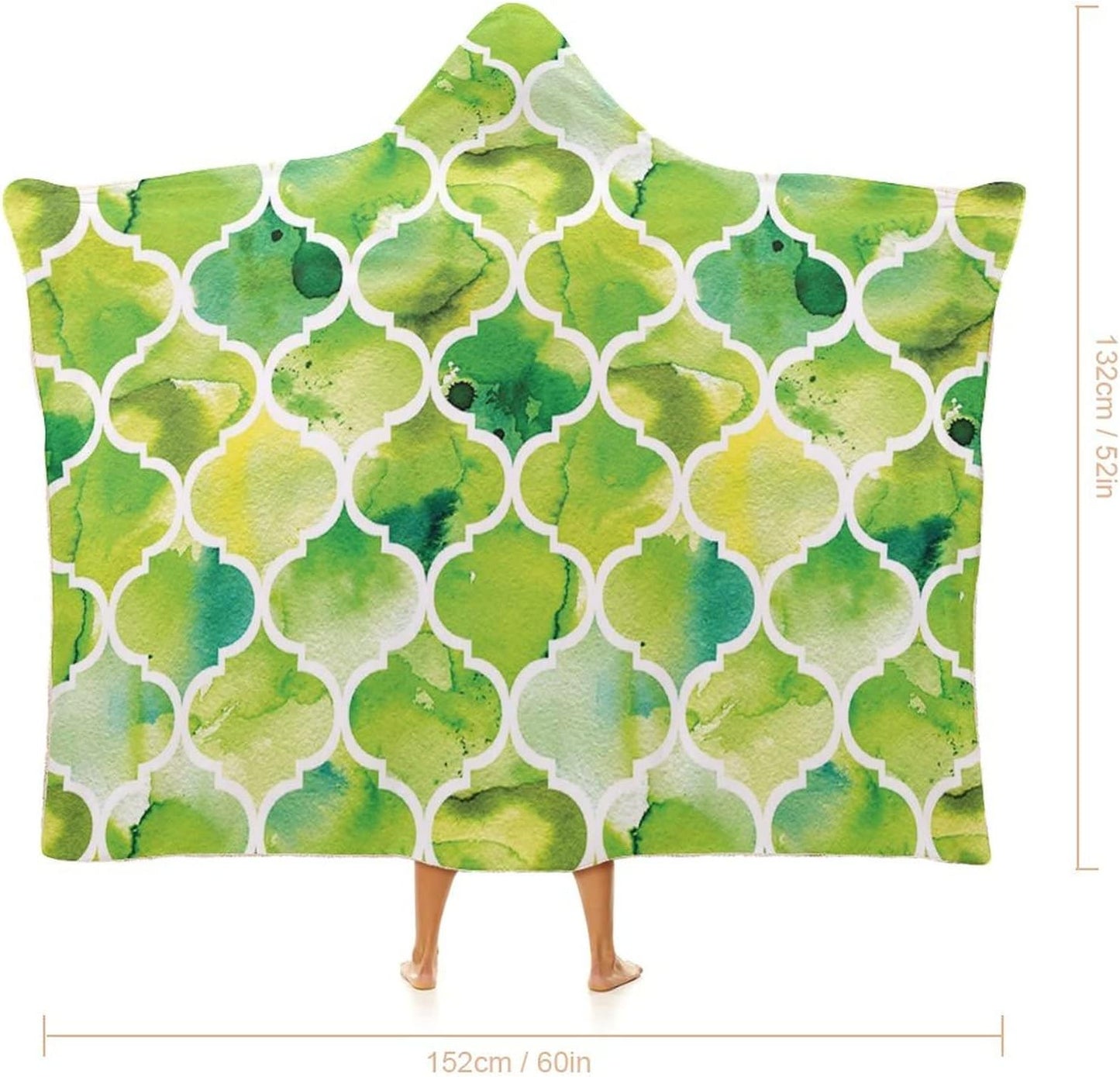 Throw Blankets, Watercolor Women Men Hooded Blanket, Moroccan Trellis Pattern in Green Tones Watercolor, Soft Warm Cozy, 60 x 80inches, Studying Reading Snuggling Napping Office