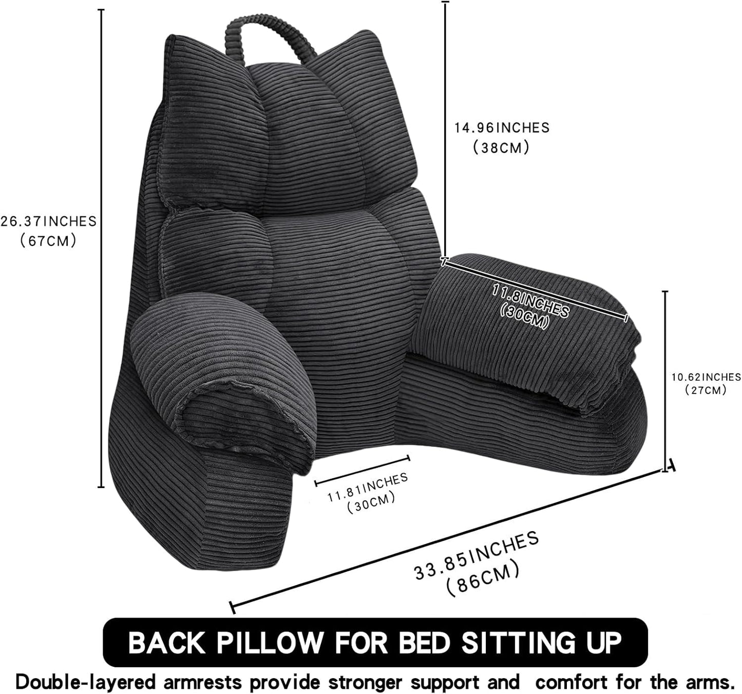 RRPAHWTV Reading Pillow for Bed with High Arm Rests ,Back Support Pillow for Sitting Up in Bed with Shredded Memory Foam for Reading, TV, Gaming or Relaxing on Floor（Grey Black, Large）
