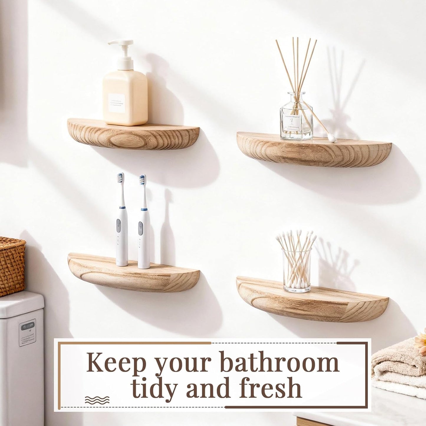 4 Pcs Solid Wood Half Round Floating Wall Shelves, Elegant Floating Wooden Shelves, 8.27 Inch Wall Shelf for Living Room, Bathroom, Bedroom, Offices, Pictures Plant Book(Light Brown)