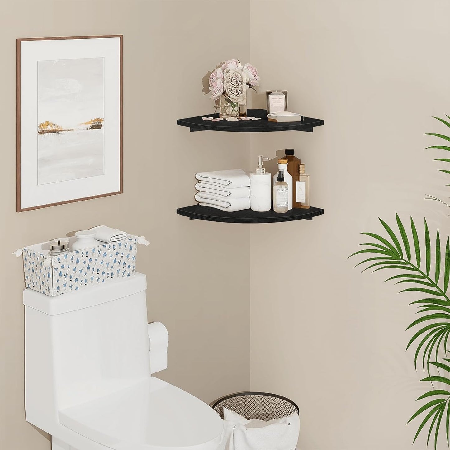 Homode Corner Floating Shelves, 12" Deep Corner Shelves Wall Mounted with Cord Hole, 2 Tier Curved Corner Hanging Shelving for Wall Storage, for Cable Box, TV Cords, Books, Plants, Black