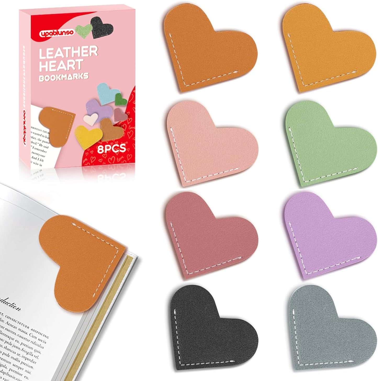 8 Pcs Leather Heart Bookmarks, UPABLUNSO Cute Heart Bookmark Corner Page Book Marks, Book Accessories for Women, Kids, Teachers, Reading Lovers, Cute Handmade Reading Gifts