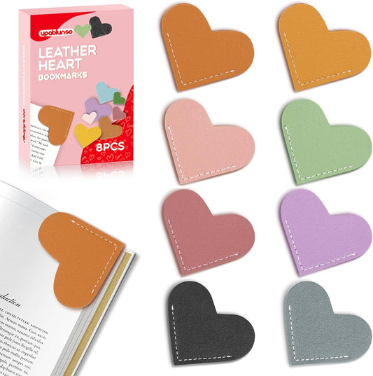 8 Pcs Leather Heart Bookmarks, UPABLUNSO Cute Heart Bookmark Corner Page Book Marks, Book Accessories for Women, Kids, Teachers, Reading Lovers, Cute Handmade Reading Gifts