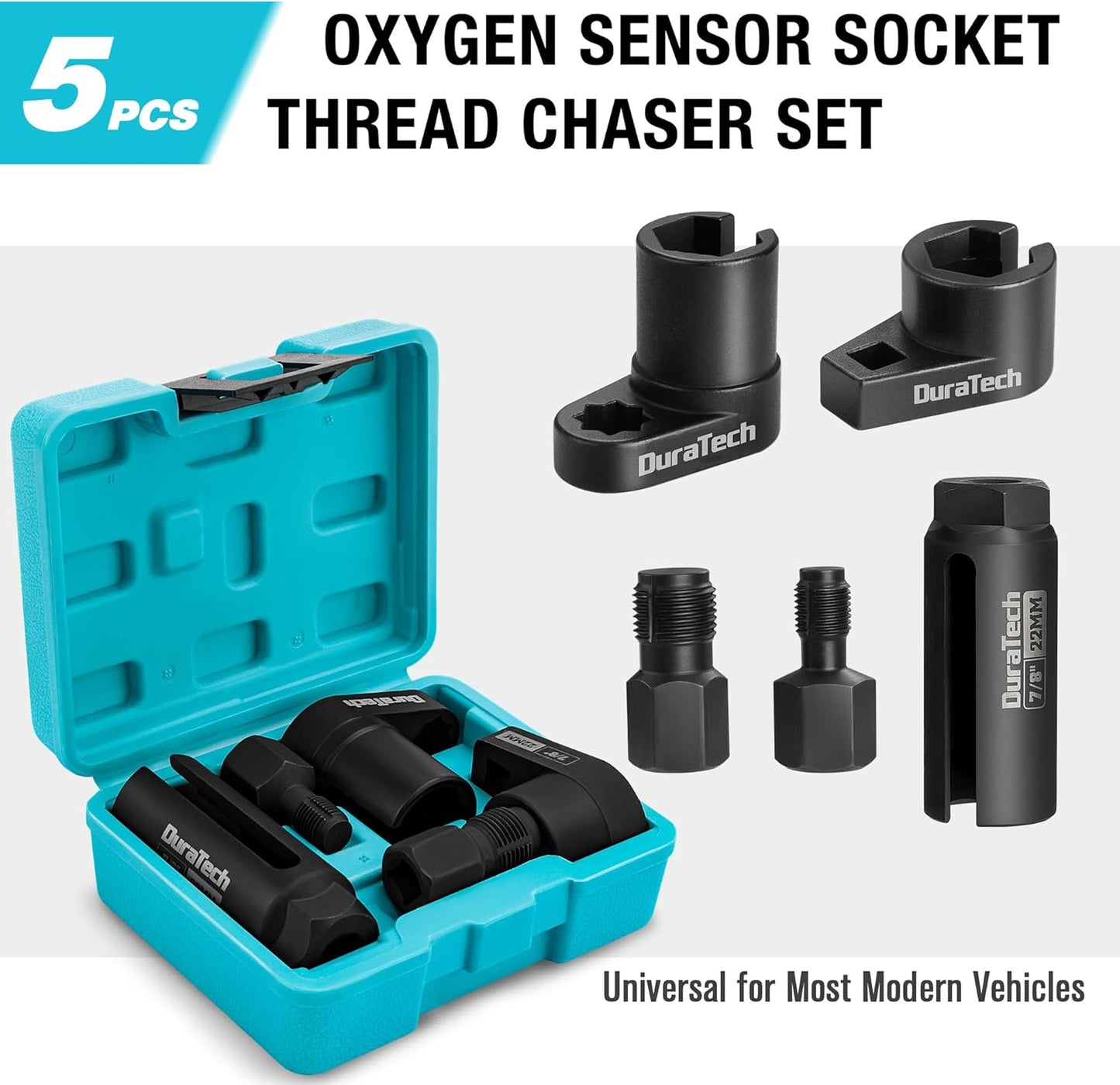 DURATECH 5PCS O2 Oxygen Sensor Socket Thread Chaser Set, 3/8" 1/2" Drive x 7/8" 22mm Oxygen Sensor Remover O2 Sensor Removal Tool Kit