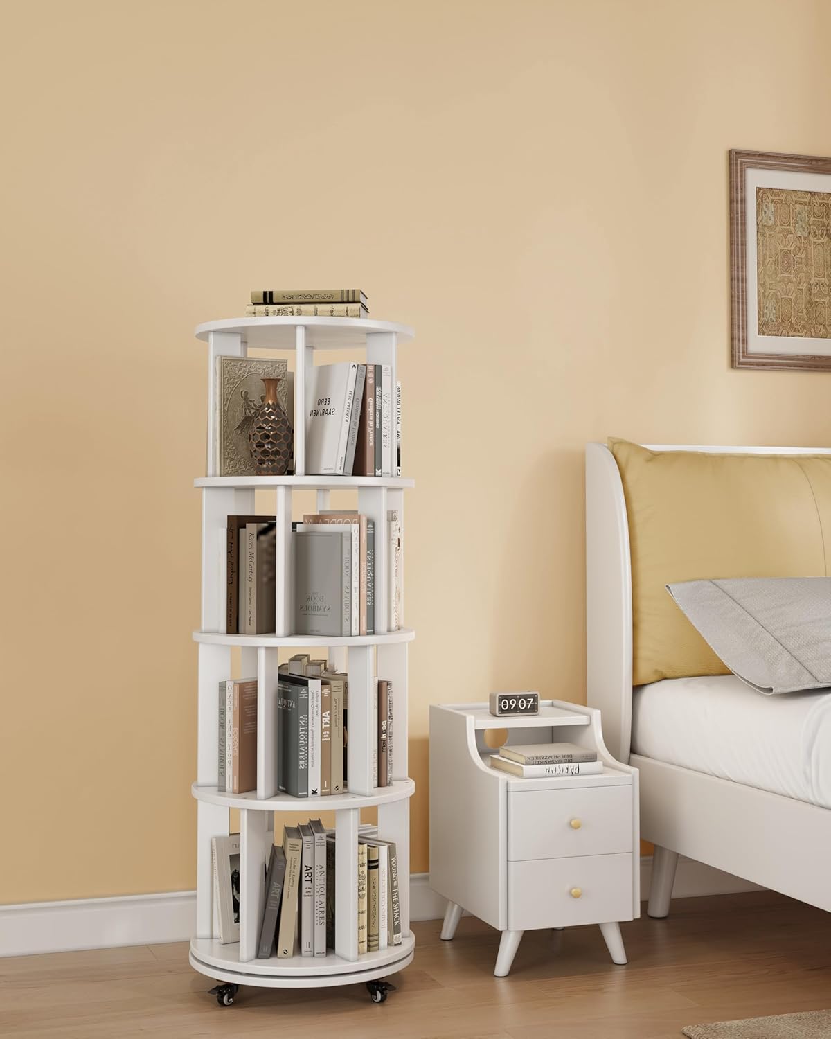 Rotating Bookshelf, 4-Tier Solid Wood Spinning Bookcase with Wheels, 360° Revolving Bookshelf Tower with Lockable Casters, Compact Round Book Tower for Kids Room, Bedroom, Small Space, White