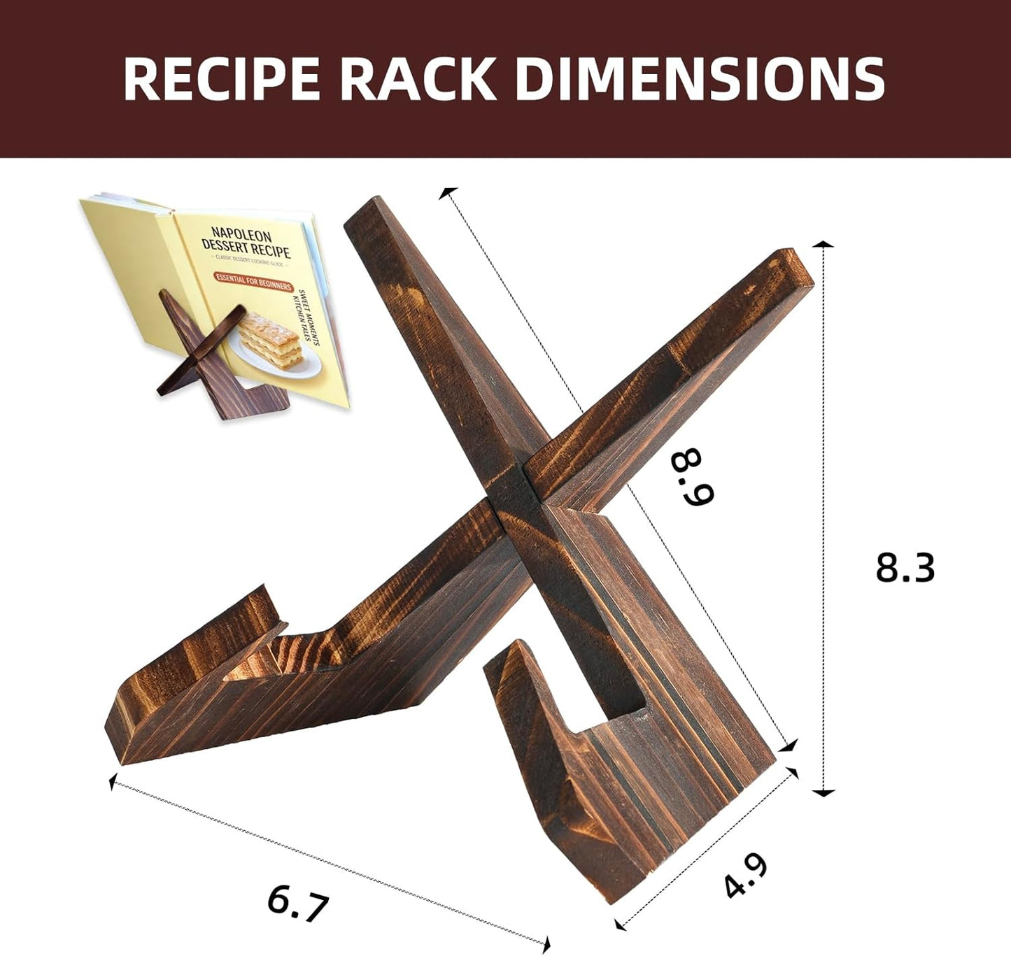 Recipe Book Holder, Cookbook Stand with Tablet Holder. Rustic Brown Vintage Wooden Shelf for Cooking Kitchen, Baking, Pad, Recipe Books. Space Saving Home Decor Organizer Gift.