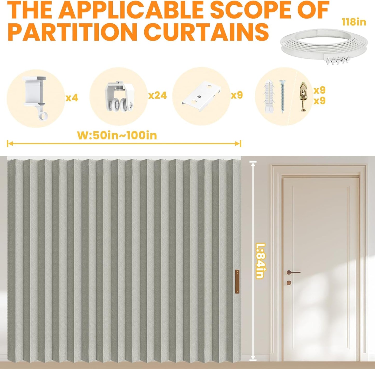 AJAZZ 100% Blackout Accordion Room Divider Curtains - with Flexible Ceiling Track Total Privacy Sound Proof Curtains Suitable for Bedroom Patio Sliding Door(Grey, W100 x L84, 1 Pack)