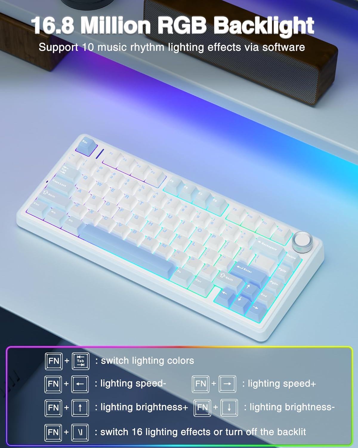 AULA F75 75% Wireless Mechanical Keyboard, Hot Swappable Creamy Keyboard, Pre-lubed Greywood Switches RGB Backlit Gaming Keyboards, 2.4GHz/Type-C/BT5.0(Salt White Blue)