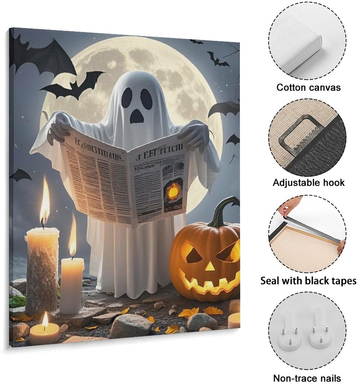 Wall Decor Decorative Wall Art Ghost Reading Cotton And Linen Hanging Poster Framed Wall Artwork Gallery Aesthetic for Bedroom Living Room Bathroom 16x20inch(40x50cm)