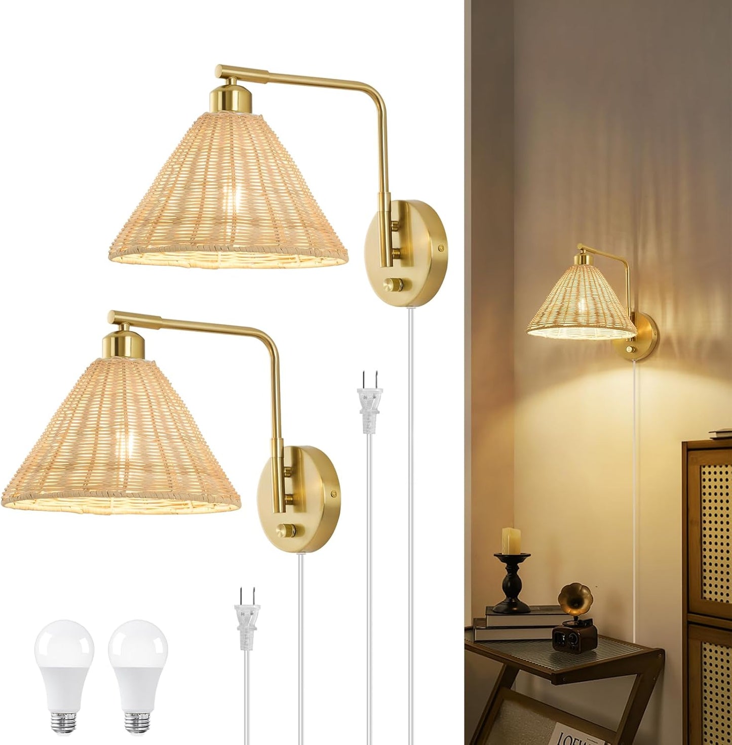 Rattan Plug in Wall Sconces Set of 2, Boho Wall Lamps with Plug in Cord and Dimmer Switch, Gold Hand Woven Swing Arm Wall Mount Light Fixture for Bedroom Living Room