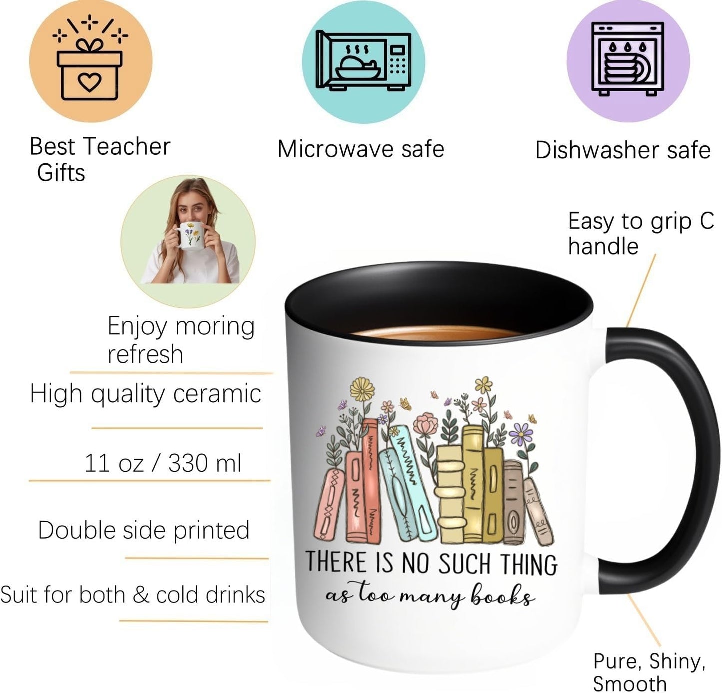 Book Lovers Coffee Mug with Gift Keychain,There is No Such Thing As too Many Books Coffee Cup, 11 Oz Reader Water Mug for Reading Lovers Bookworm Books Lover Woman Gifts (Black)