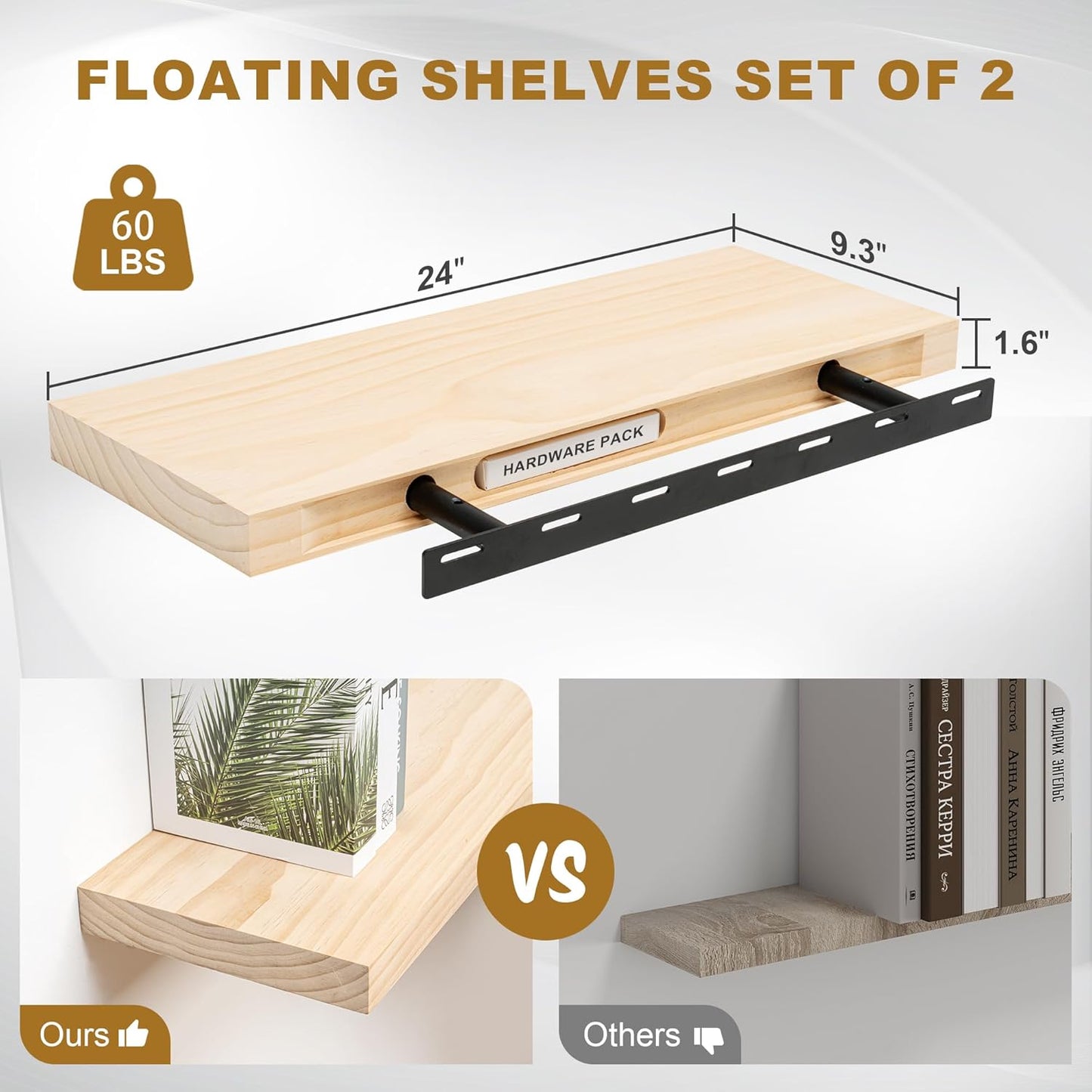 Fun Memories Floating Shelves, 9.3'' Deep Solid Pine Wood Wall Shelves for Storage, Wall Mounted Display Shelf with Invisible Heavy-Duty Metal Bracket, 24'' Width Set of 2, Unfinished - DIY Stain