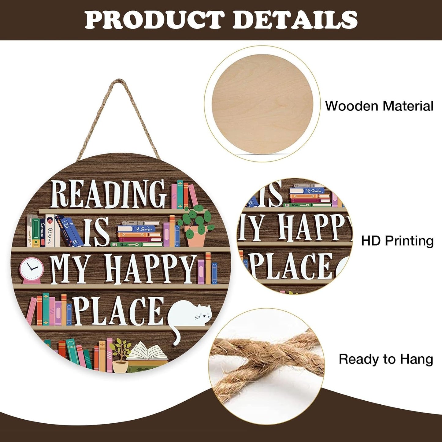 Reading is My Happy Place Front Door Sign, Inspirational Wooden Hanger School Classroom Library Reading Corner Home Decor, Wreath Indoor Wall Hanging Decoration Bookish Reader Book Lover Gift