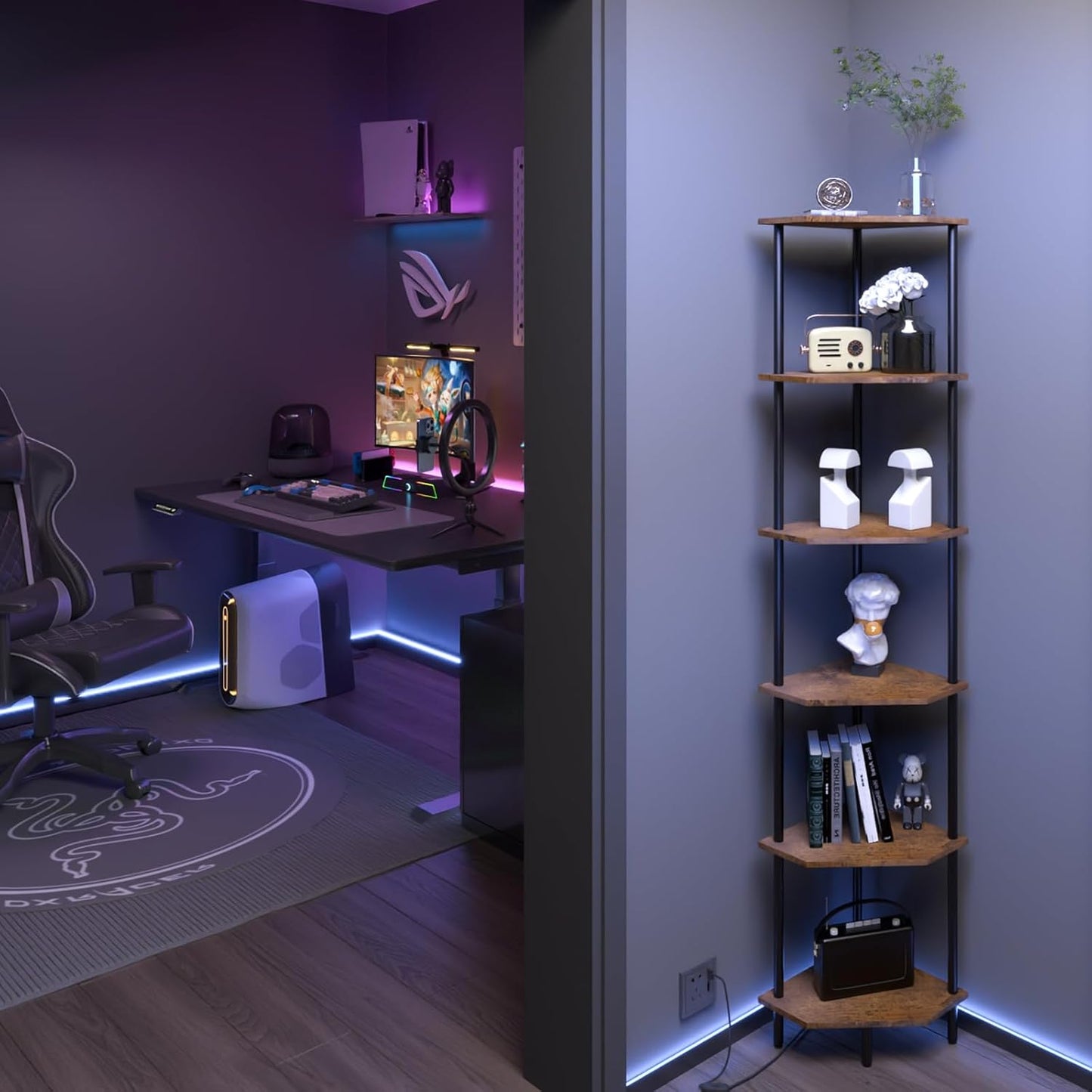 6 Tier Corner Shelf with LED Light,Tall Standing Shelf Organizer,Narrow Bookshelf,The Classic Combination of Rustic Brown and Black Standing Bookcase,Suitable for Bedroom,Living Room,Kitchen