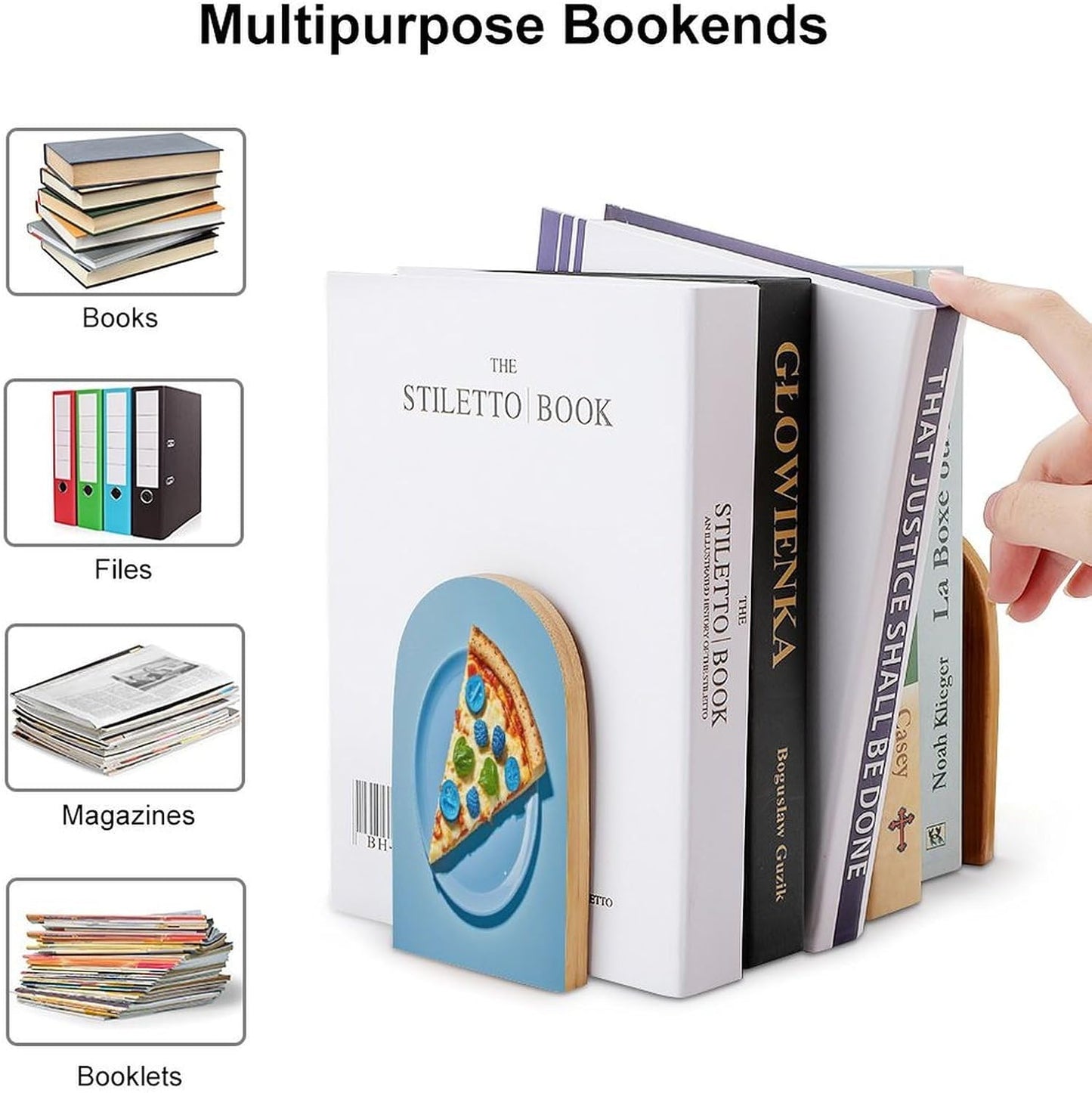 Light Blue Pizza Slice Bookends 1 Pair Heavy Duty Book Ends for Shelves Non-Skid Bookend Supports Wooden Book Holders with Metal Base Desk Organizers Books Storage to Hold Books