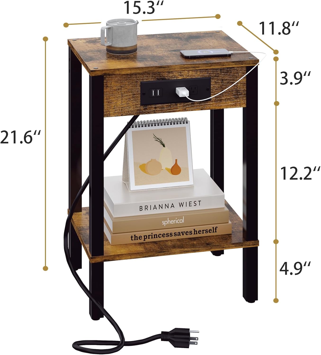 End Table with Charging Station, 2-Tier Nightstand with Storage Shelf,Modern Side Table,Bedside Table for Small Space in Living Room, Bedroom, Sofa Couch and Balcony, Rustic Brown MLBZ14RE