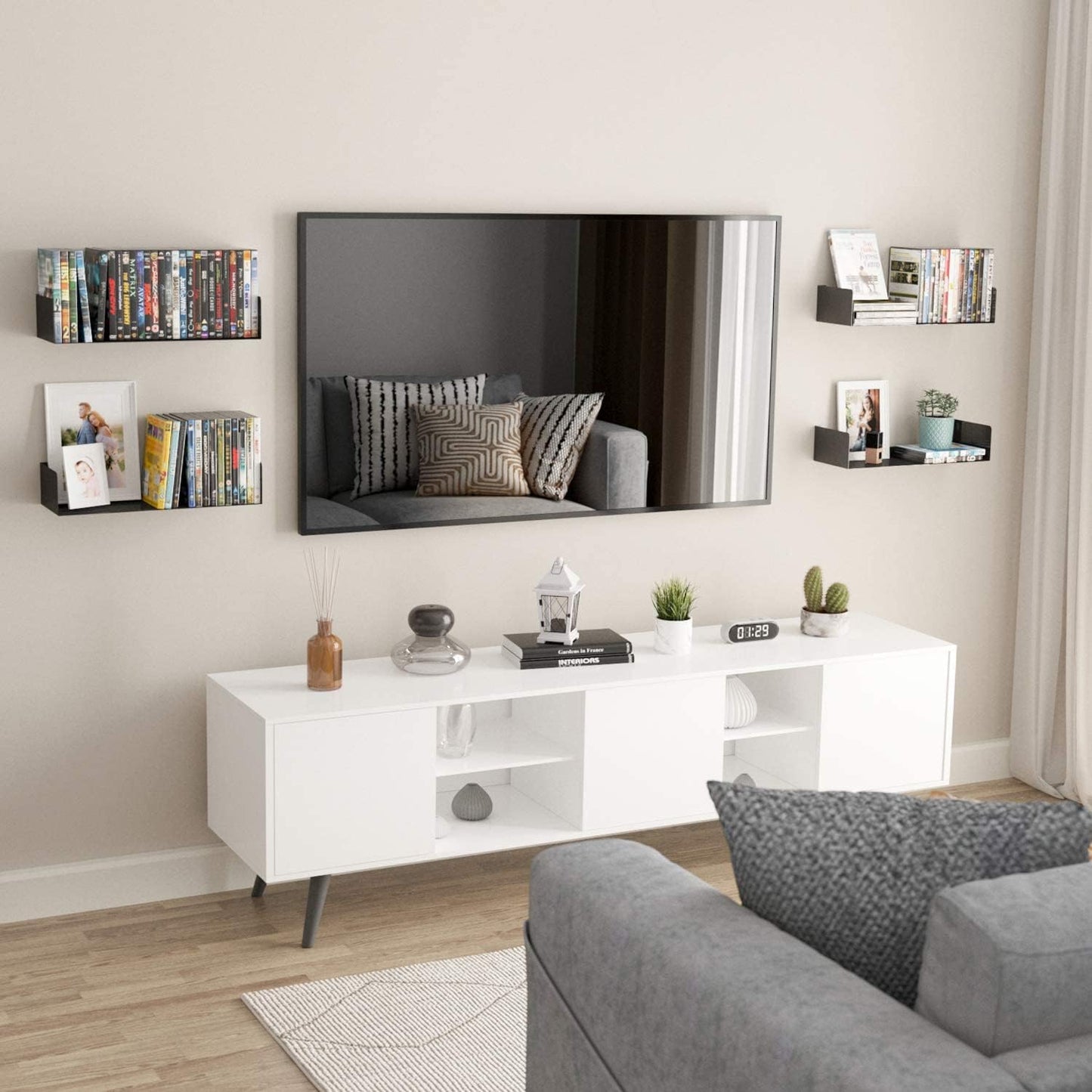 Wallniture Bali Black Floating Shelves for Wall, CD DVD Storage Shelves and Metal Bookshelf Set of 4