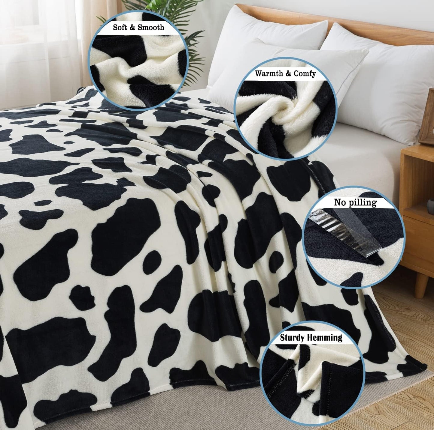 Flannel Fleece Cow Print Blanket Queen Size - Premium Anti-Static Super Soft Cozy Plush, Lightweight Microfiber Winter Warm Throw Blanket for Couch Sofa Bed 90" x 90"(Black Cow Queen)