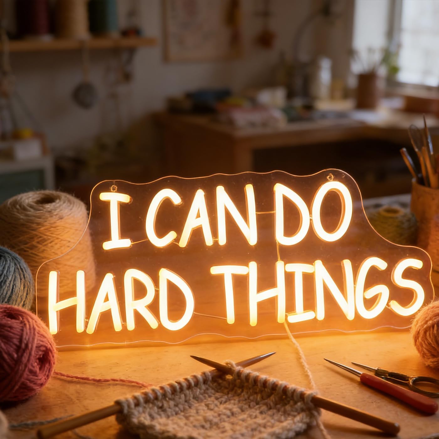 I Can Do Hard Things Wall Hanging Neon Sign, Led Positive Quotes Decorative Neon Lights for Kid's Room Wall Hanging Banners, Playroom Classroom Wall Decor Neon Light Sign(warm white)