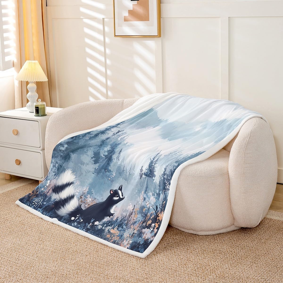 Erosebridal Kids Skunk Throw Blanket Baby Size, Cute Wild Animals Fleece Blanket Smoky Mountain Sherpa Blanket for Boys Girls Teens Adult Women Bedroom, Farmhouse Flower Wildlife Flannel Blanket