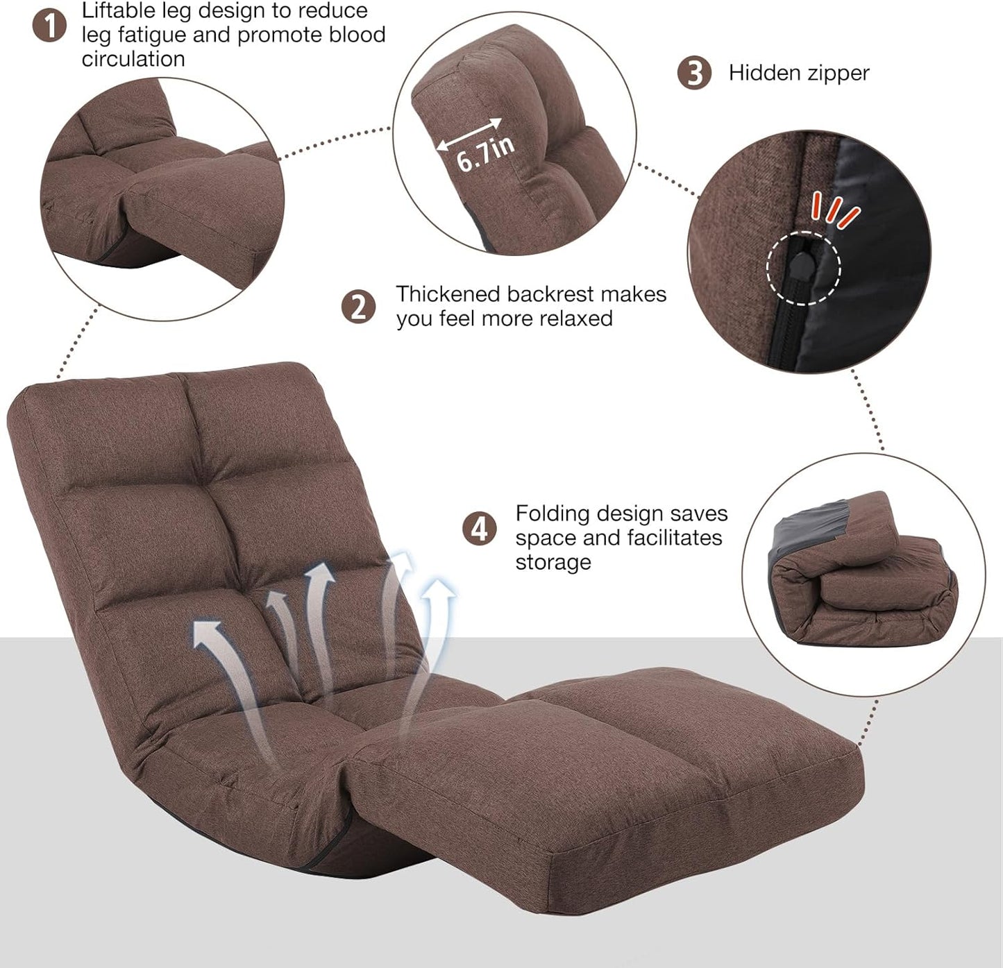 Floor Recliner with Adjustable Footrest - 14-Position Backrest & 5-Level Footrest for Ultimate Relaxation, Foldable Linen Chaise Lounge Chair for Living Room (Brown)