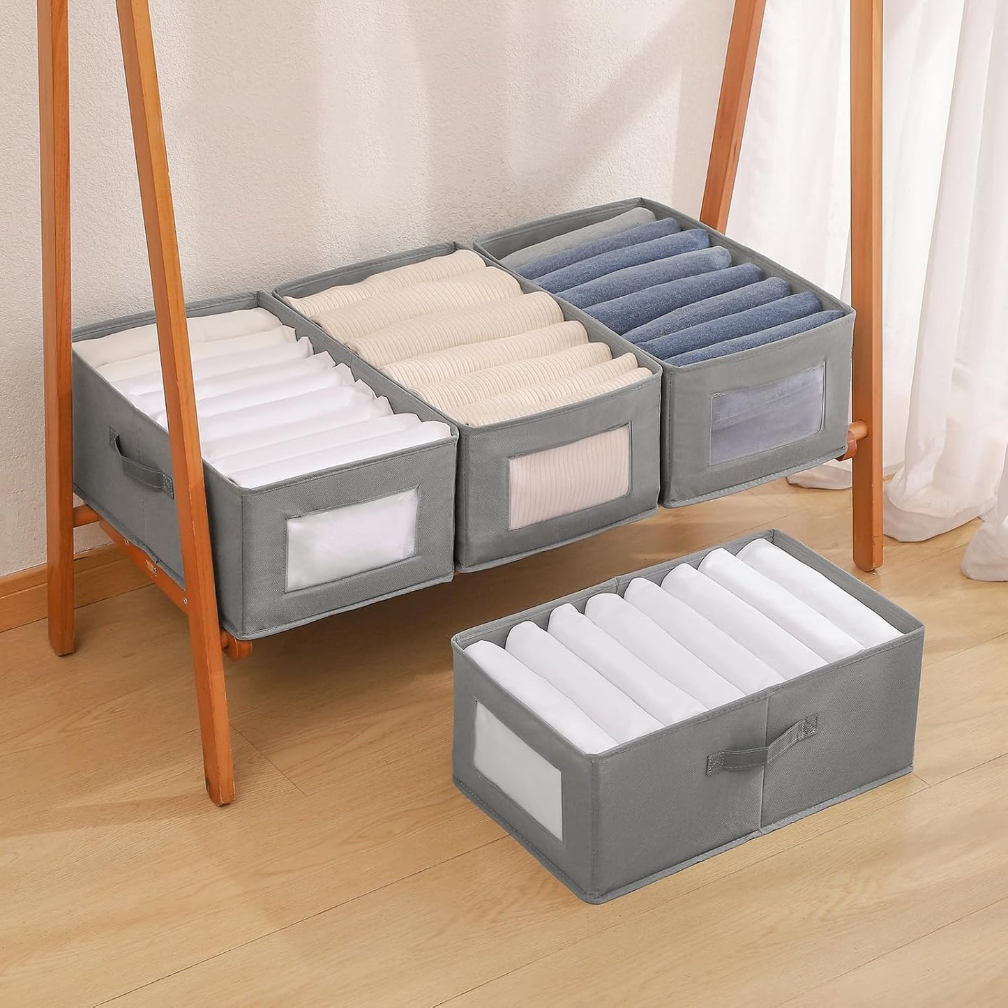 4 Packs Linen Storage Bins with Clear Window, Closet Organizers and Storage Containers with Handle, Large Storage Box Basket for Clothing, Jeans, Toys, Books, Shelves(18.50x11.02x7.87in.)