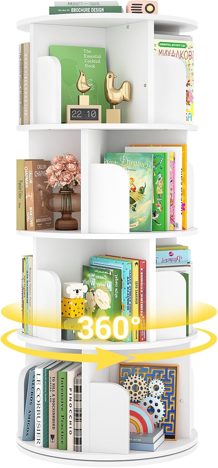 Rotating Bookshelf, Wood Corner Bookshelf, 360 Display Spinning Bookcase Storage Rack, 4 Tier Floor Standing Revolving Bookcase Narrow Book Shelf Organizer for Small Space, Bedroom, White
