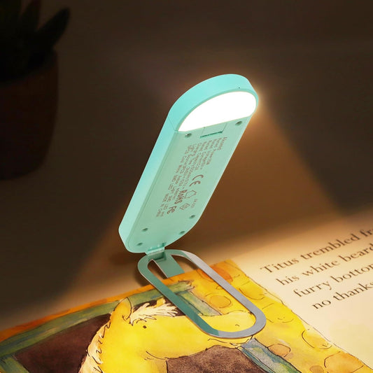 USB Rechargeable Book Light for Reading in Bed, 8 LEDs Bookmark Style Clip on, Eye-Cared Amber Light Mode for Kids, Blue Light Blocking, Stepless Dimming, Lake Blue