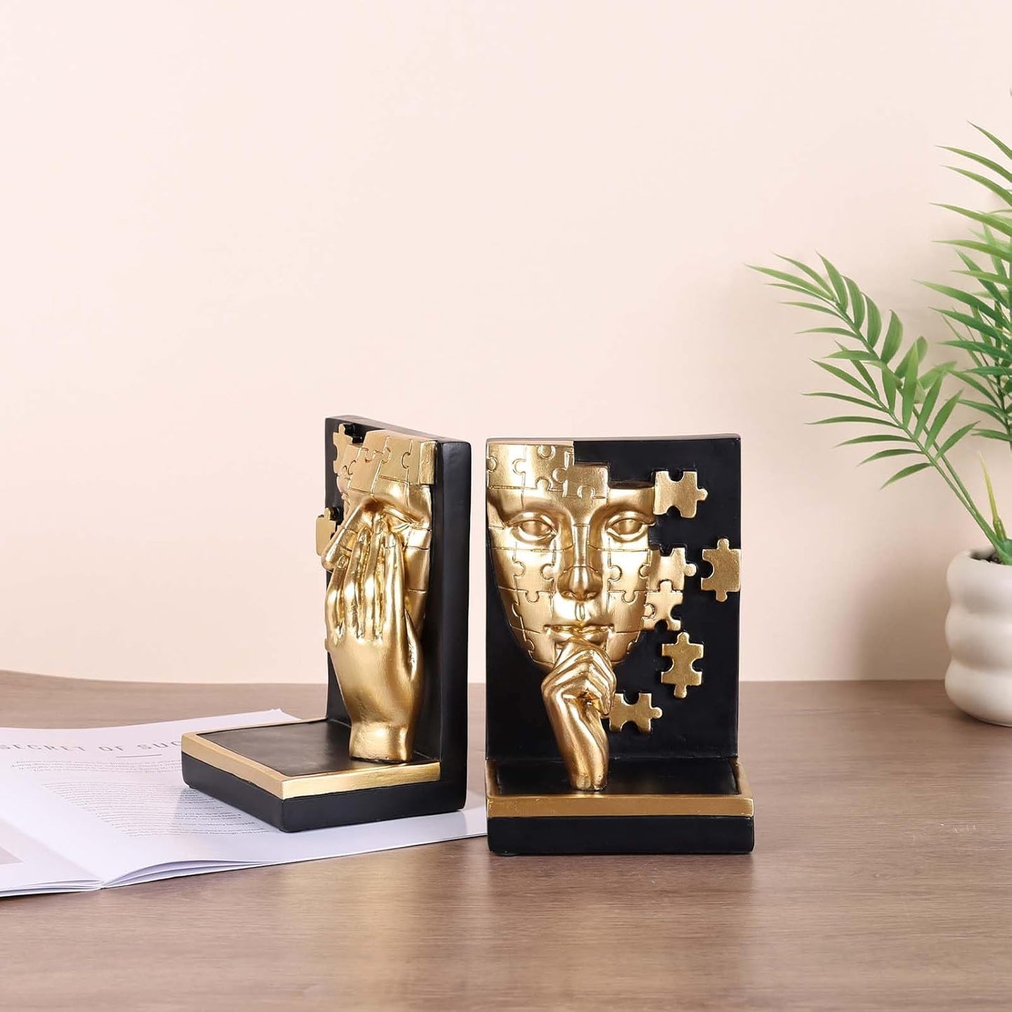 Abstract Decorative Bookends, Thinking Man Statue for Shelves, Heavy Bookends for Large Books, Handcrafted Resin Art for Home and Office Decor, Aesthetic Desk Organizer for Bookshelves (Black Gold)