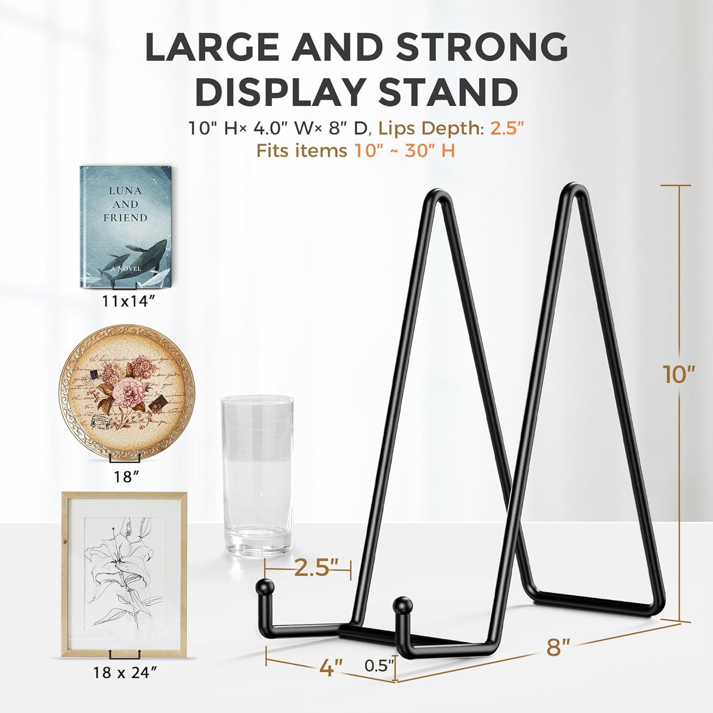 TR-LIFE 4 Pack 10 Inch Large Plate Stands for Display - Metal Plate Holder Stand + Picture Stand + Small Easels for Decorative Plate, Platter, Book, Plaques, Photo Frame, Tabletop Art