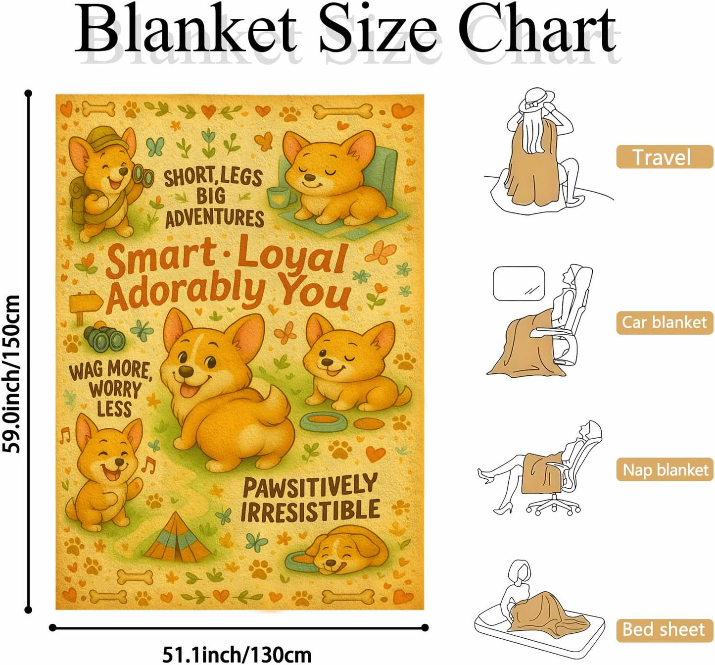 Corgi Blanket 60x50, Soft Flannel Fleece Throw, Cartoon Camping Dog Print, Cozy Couch Sofa Bed Decor, Gift for Corgi Lovers, Kids Teens Women, Machine Washable