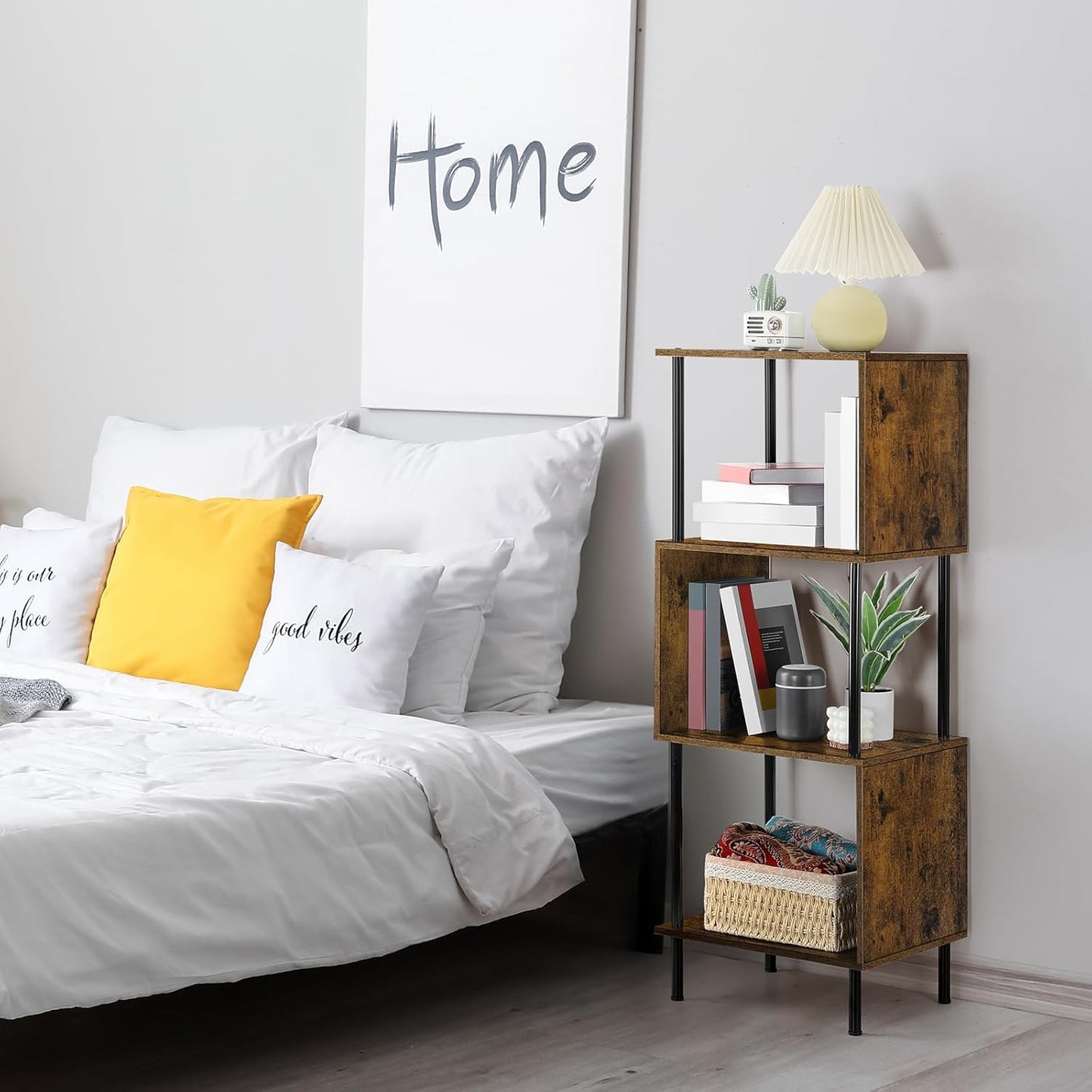 ETELI 4 Tier Bookshelf S-Shaped Small Bookcase Modern Freestanding Multifunctional Wooden Book Shelves for Farmhouse, Living Room, Bedroom, and Home Office