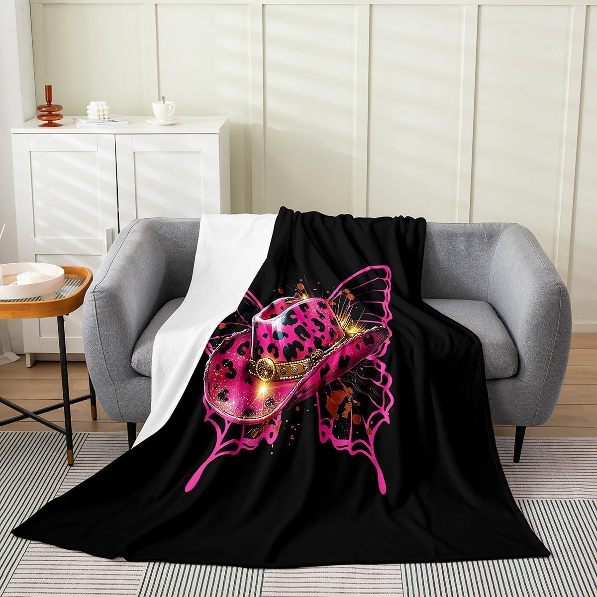 Erosebridal Leopard Fuzzy Plush Throw Baby 30x40 Inch Cheetah Fleece Blanket for Kids Girls Women Glitter Cowgirl Butterfly Hat Black Pink Lightweight Flannel Blanket