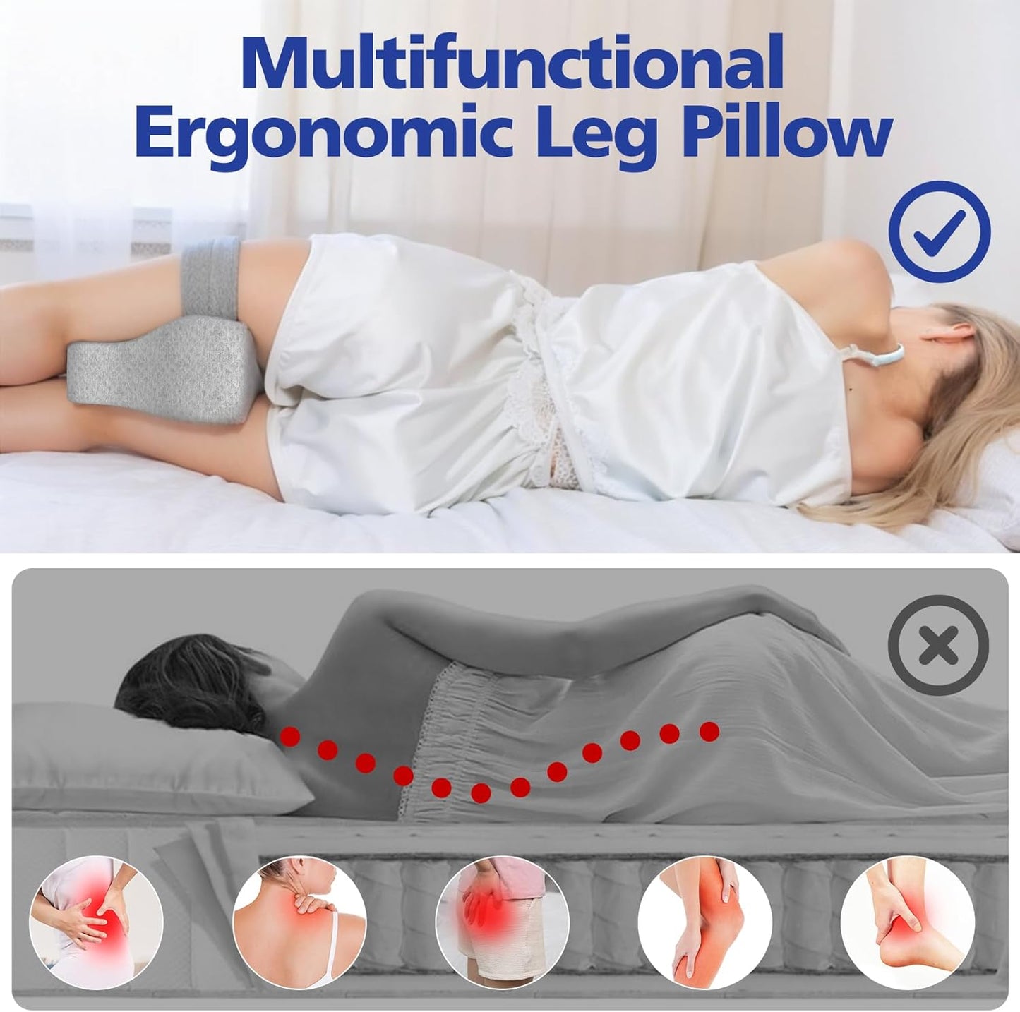 Knee Pillow for Side Sleepers, Memory Foam Leg Pillow for Sleeping Blood Circulation & Elevating Spine Aligning, Relief for Sciatica, Back, HIPS, Knees, Joints, Support for Surgery Recovery