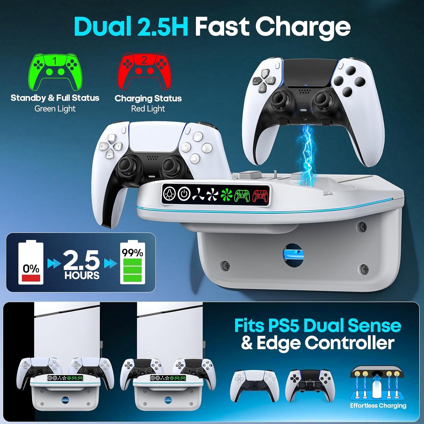 P S5 Wall Mount Kit with Cooling Fan and Charging Station Compatible with PS5/ Slim/ Pro Disc and Digital, PS Five Floating Shelf with 9 RGB Lights, P S5 Mount Behind TV, PS5 Accessories for Gaming