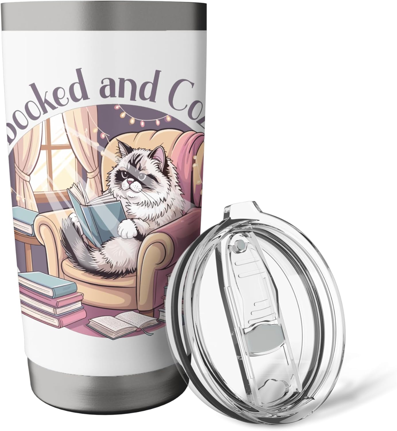 Booked and Cozy Cat Reading Bookworm Feline Reader Stainless Steel Insulated Tumbler