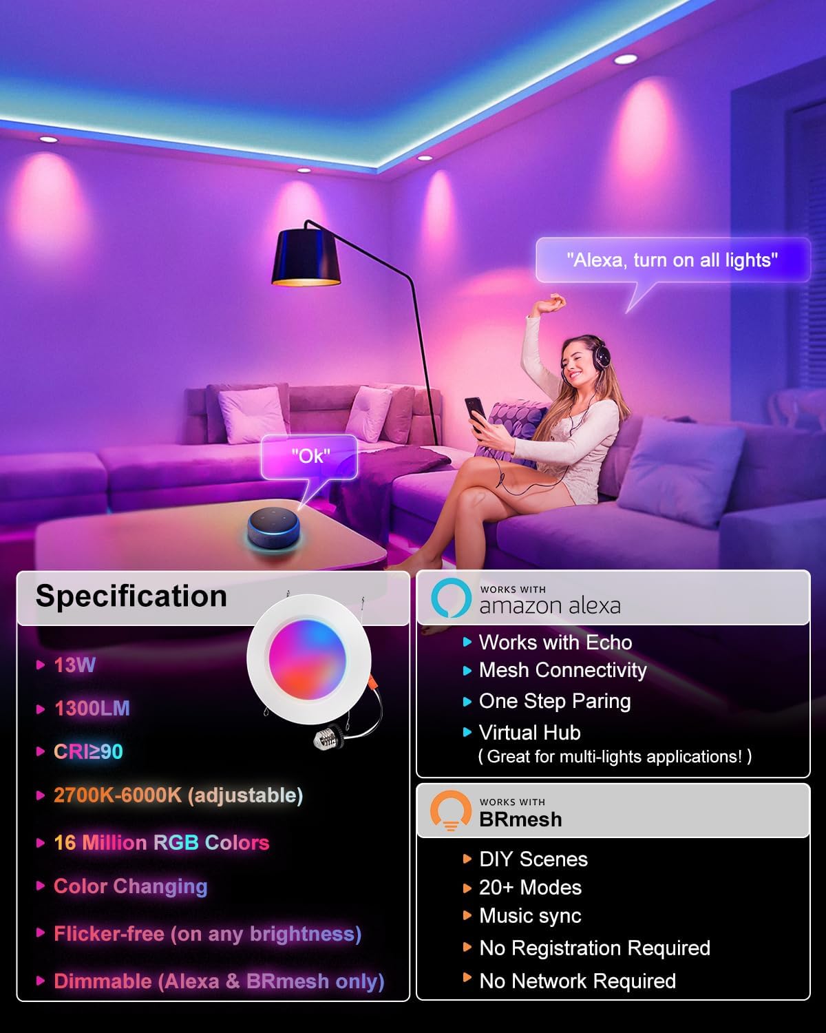 Smart Recessed Lighting 6 Inch, RGBCW Color Changing Smart Can Light Bluetooth Connect, Flicker Free, 13W 1300LM, Dimmable Retrofit Downlight Works with Alexa Voice & App Control, ETL, 6 Pack