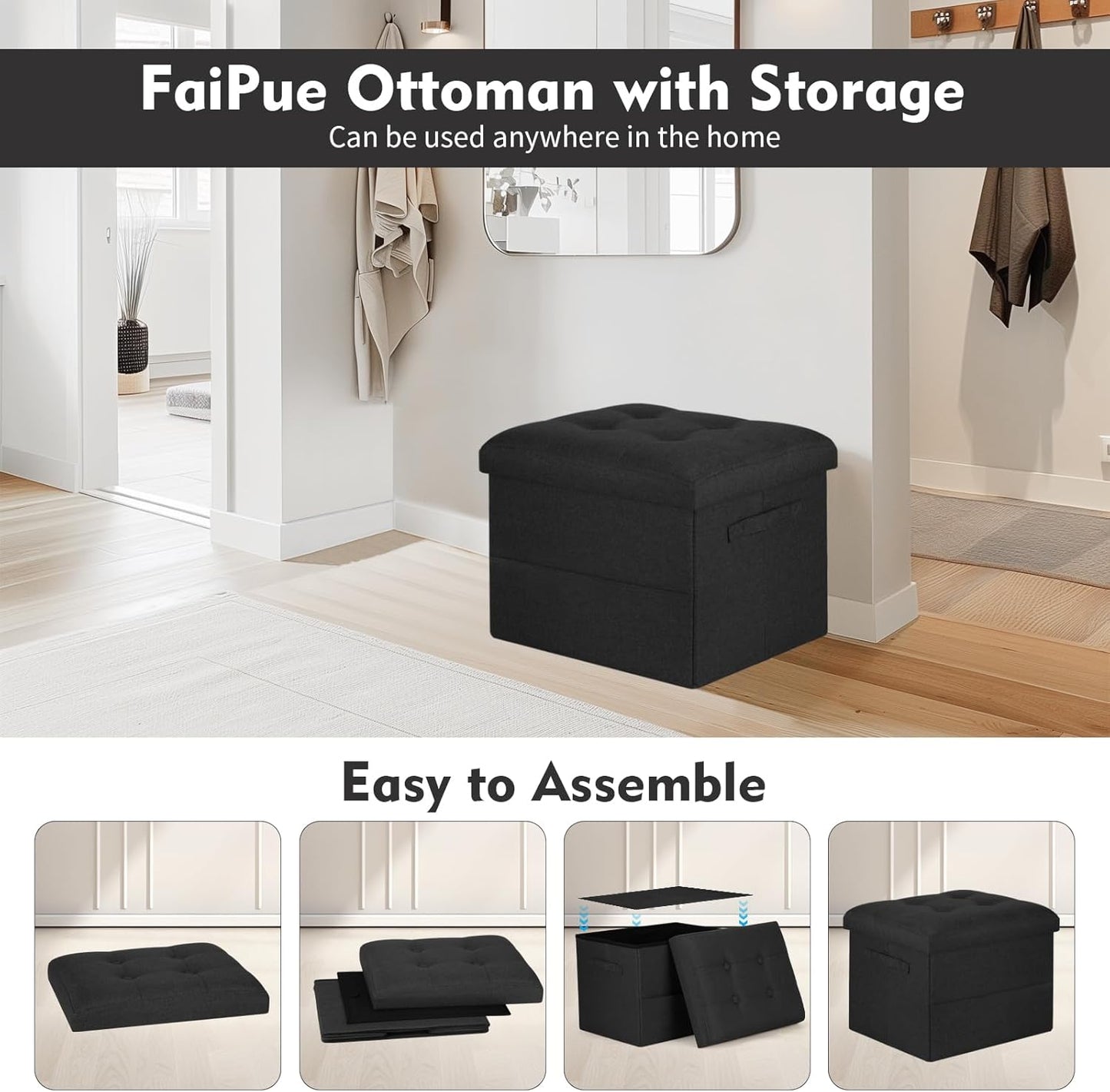 Storage Ottoman Foot Rest with Thicker Foam Padded Seat. Small Bench with Storage. 350 lbs Linen Folding Footstool Bench for Living Room, Bedroom, Home Office. 17x13x13in, Gray Black