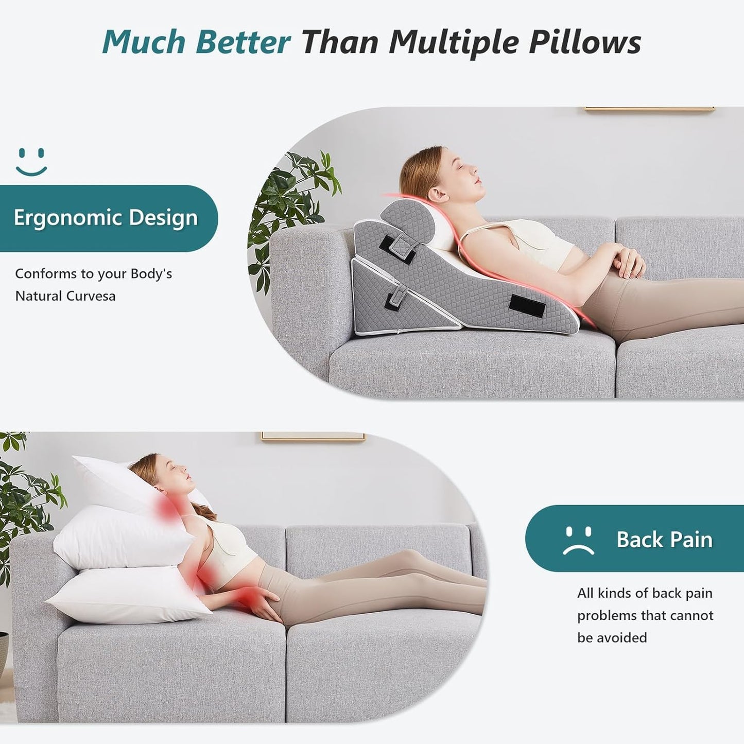 Bed Wedge Pillow Set for Sleeping 3 PCS - 16.5" Wide Triangle Pillow for Back Leg Pain Relief with Washable Cover - 35D Foam Wedge Pillow Post Surgery for Acid Reflux & Snoring (White Grey)