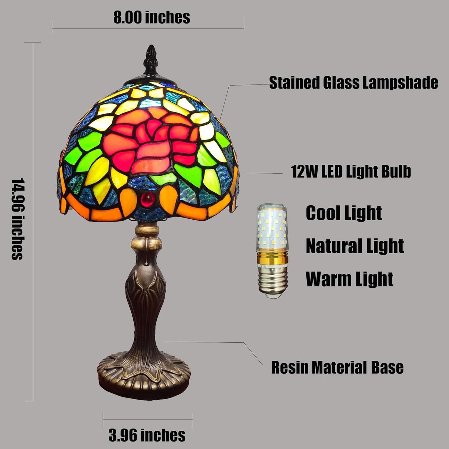 Tiffany Table Lamp Red Heart Rose Flower Stained Glass Lamp 3-Way Decorate Reading Light for Home Living Room Nightstand Bedroom Office Include Light Bulb